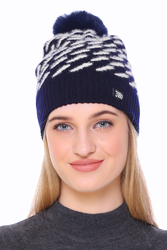 Navy Elegance: Hairy Yarn Woollen Cap with Black Pom Pom for Girls"