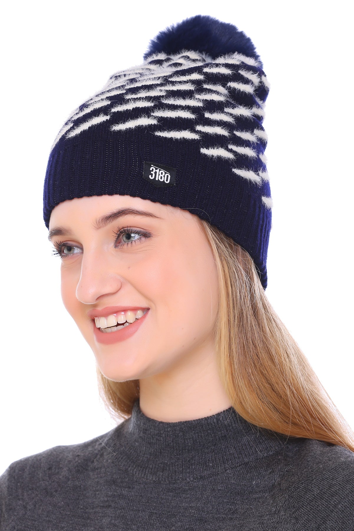 Navy Elegance: Hairy Yarn Woollen Cap with Black Pom Pom for Girls"