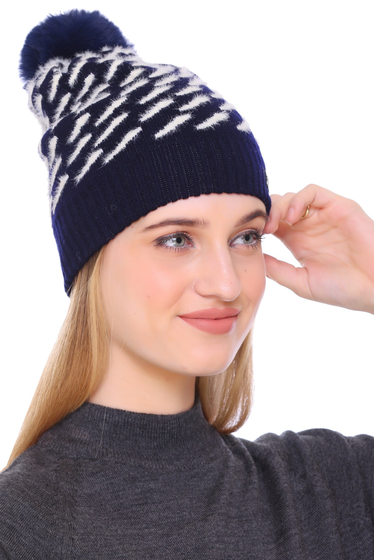 Navy Elegance: Hairy Yarn Woollen Cap with Black Pom Pom for Girls"