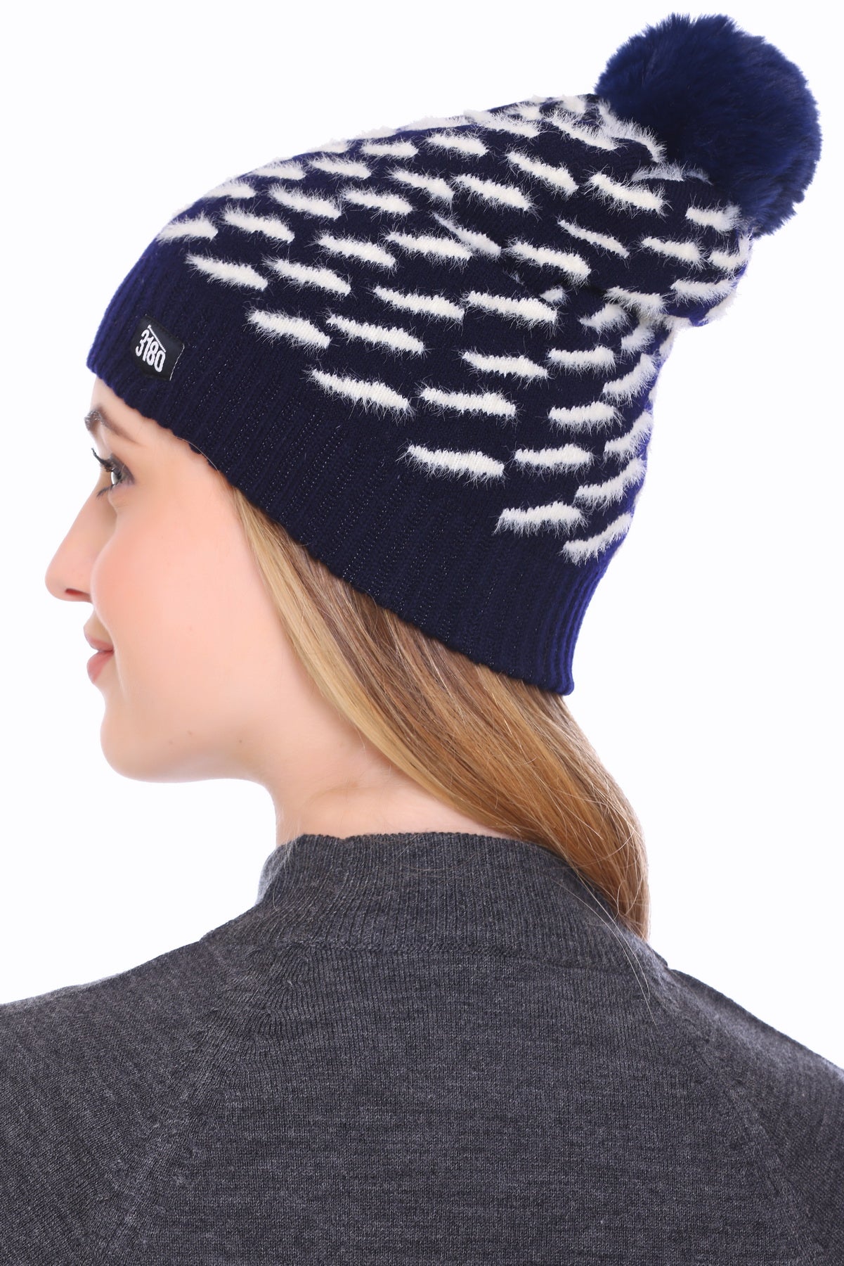 Navy Elegance: Hairy Yarn Woollen Cap with Black Pom Pom for Girls"