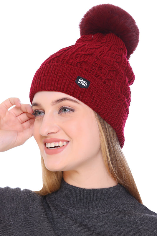 Chic and Cozy: Women's Mehroon Pom Pom Cap for Winter