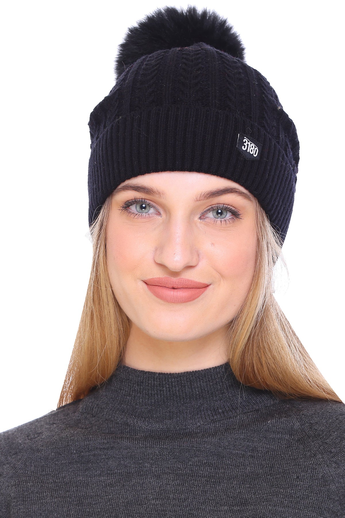 Cozy Elegance: Ladies Winter Black Beanie Cap with Pom Pom and Perfect Fold for Ultimate Comfort