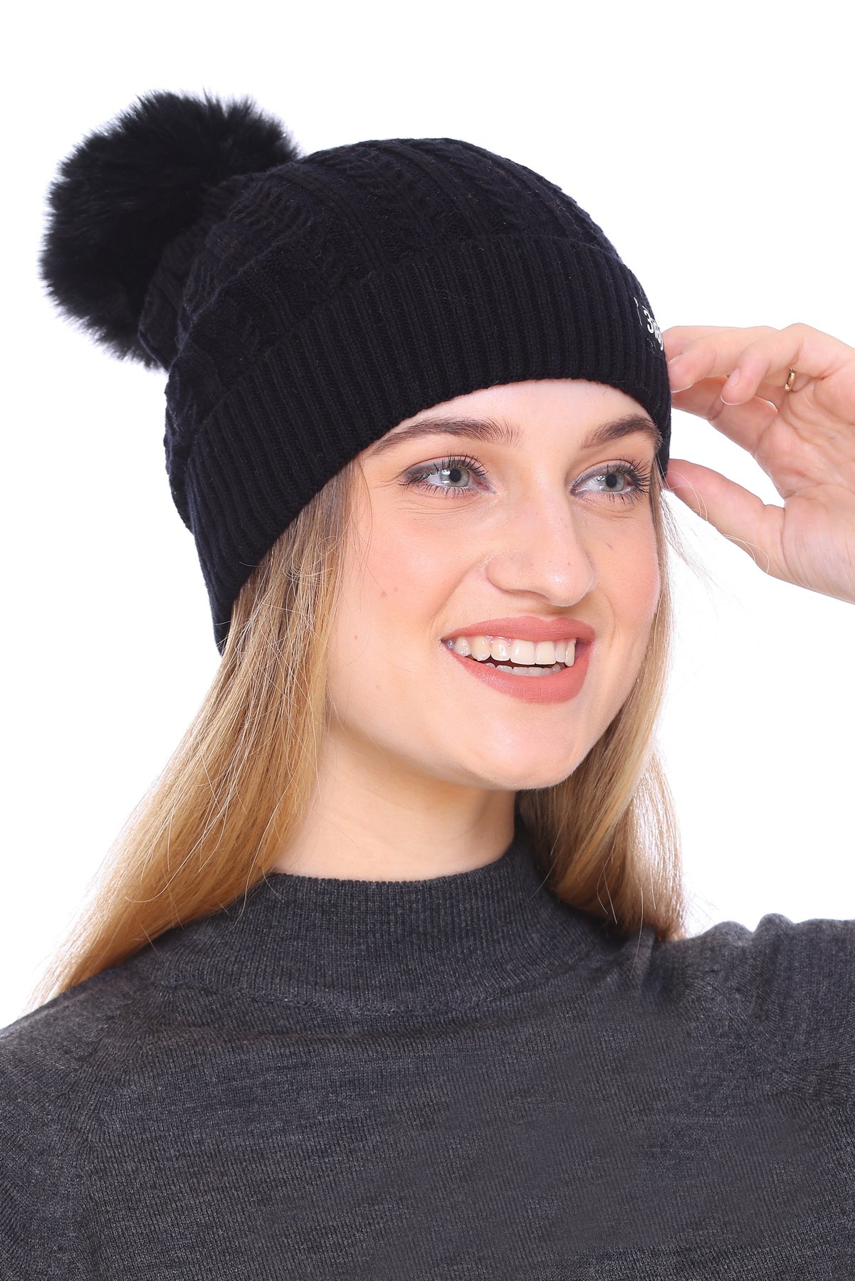 Cozy Elegance: Ladies Winter Black Beanie Cap with Pom Pom and Perfect Fold for Ultimate Comfort