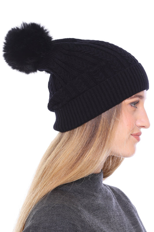 Cozy Elegance: Ladies Winter Black Beanie Cap with Pom Pom and Perfect Fold for Ultimate Comfort