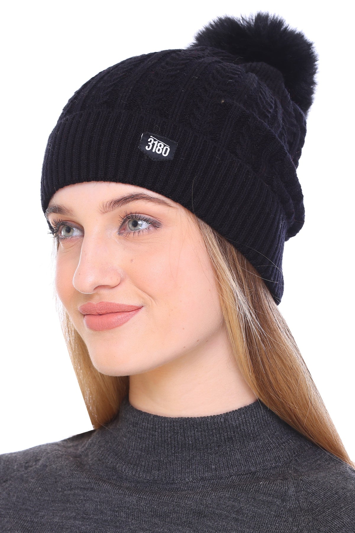 Cozy Elegance: Ladies Winter Black Beanie Cap with Pom Pom and Perfect Fold for Ultimate Comfort