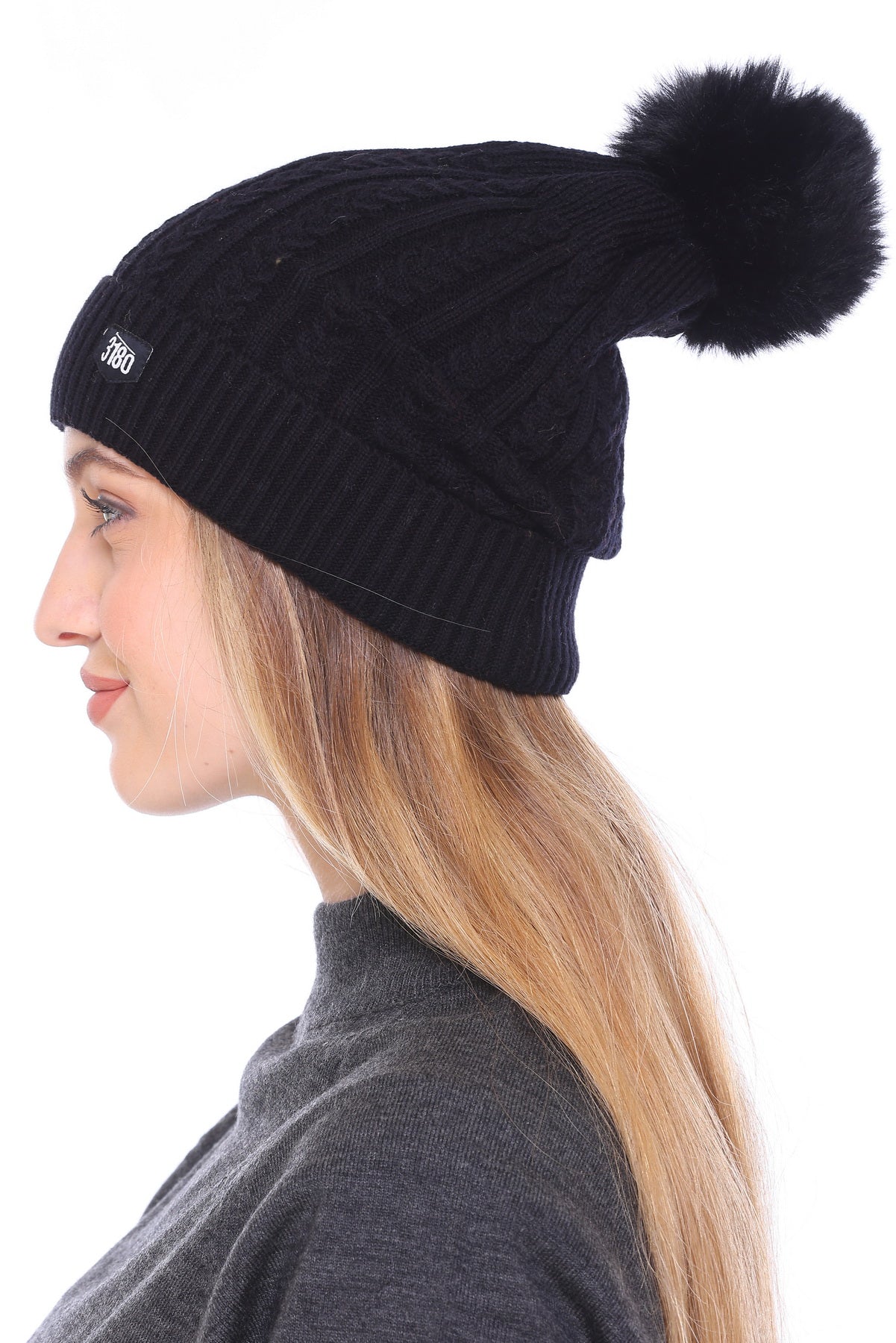 Cozy Elegance: Ladies Winter Black Beanie Cap with Pom Pom and Perfect Fold for Ultimate Comfort