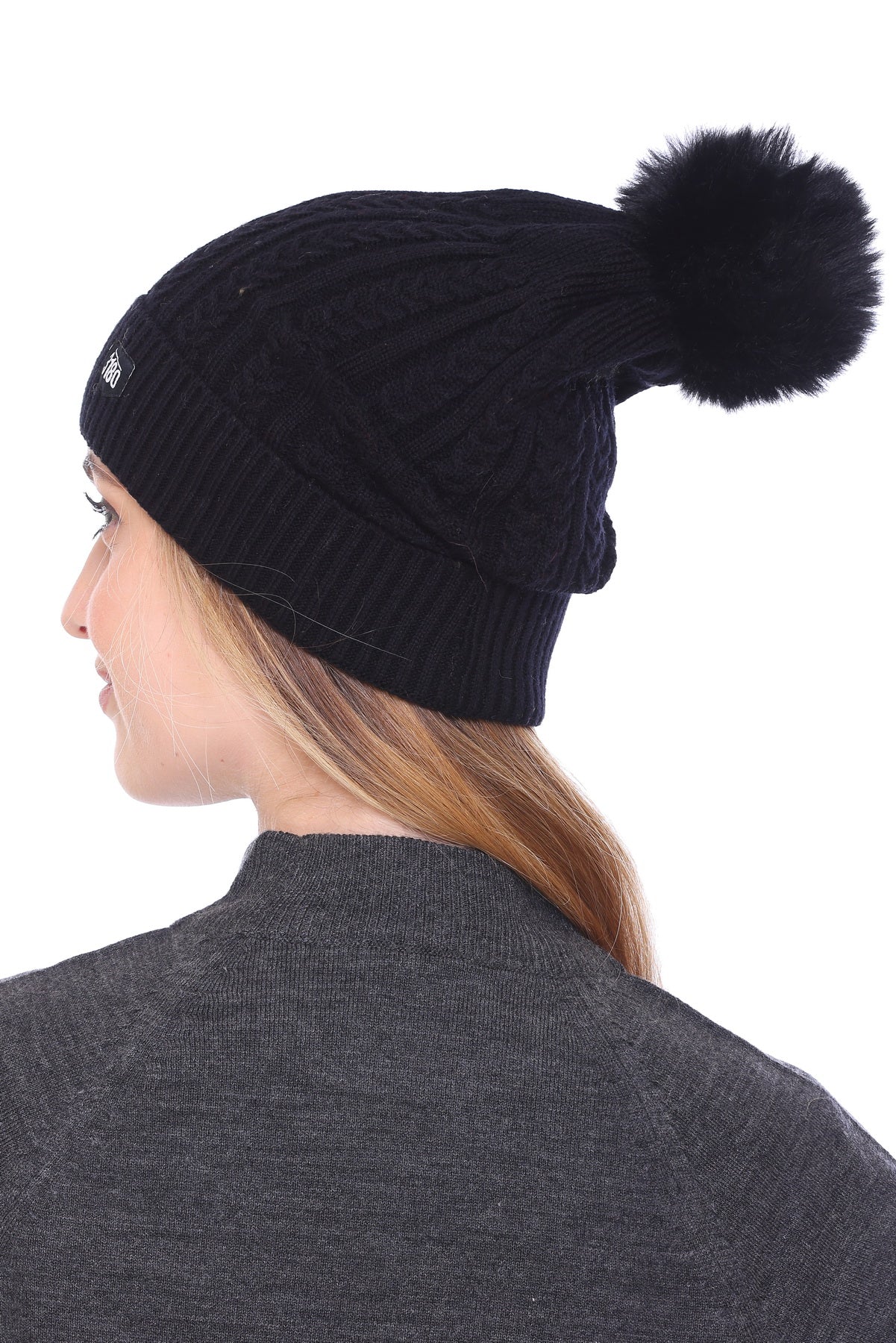 Cozy Elegance: Ladies Winter Black Beanie Cap with Pom Pom and Perfect Fold for Ultimate Comfort